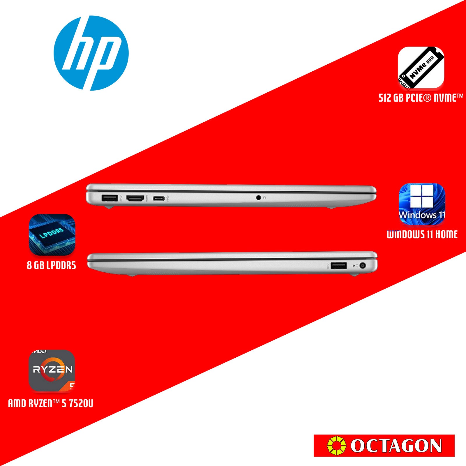 HP 15-FC0254AU/  RYZEN 5-7520U/ 8GB DDR5/ 512GB SSD/ 15.6" FHD/ WIN 11/ OFFICE H&S 2024 + M365/ SLV