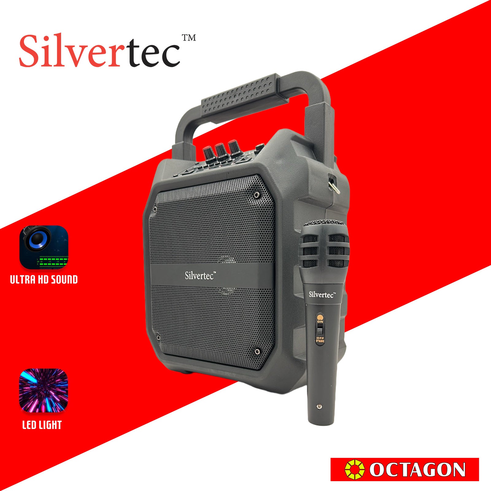 SILVERTEC SPBT-10148 USB/TF/AUX/FM/20W PORTABLE RGB KARAOKE BT SPEAKER W/ HANDLE & WIRED MICROPHONE & STRAP 7.4V/1800MAH