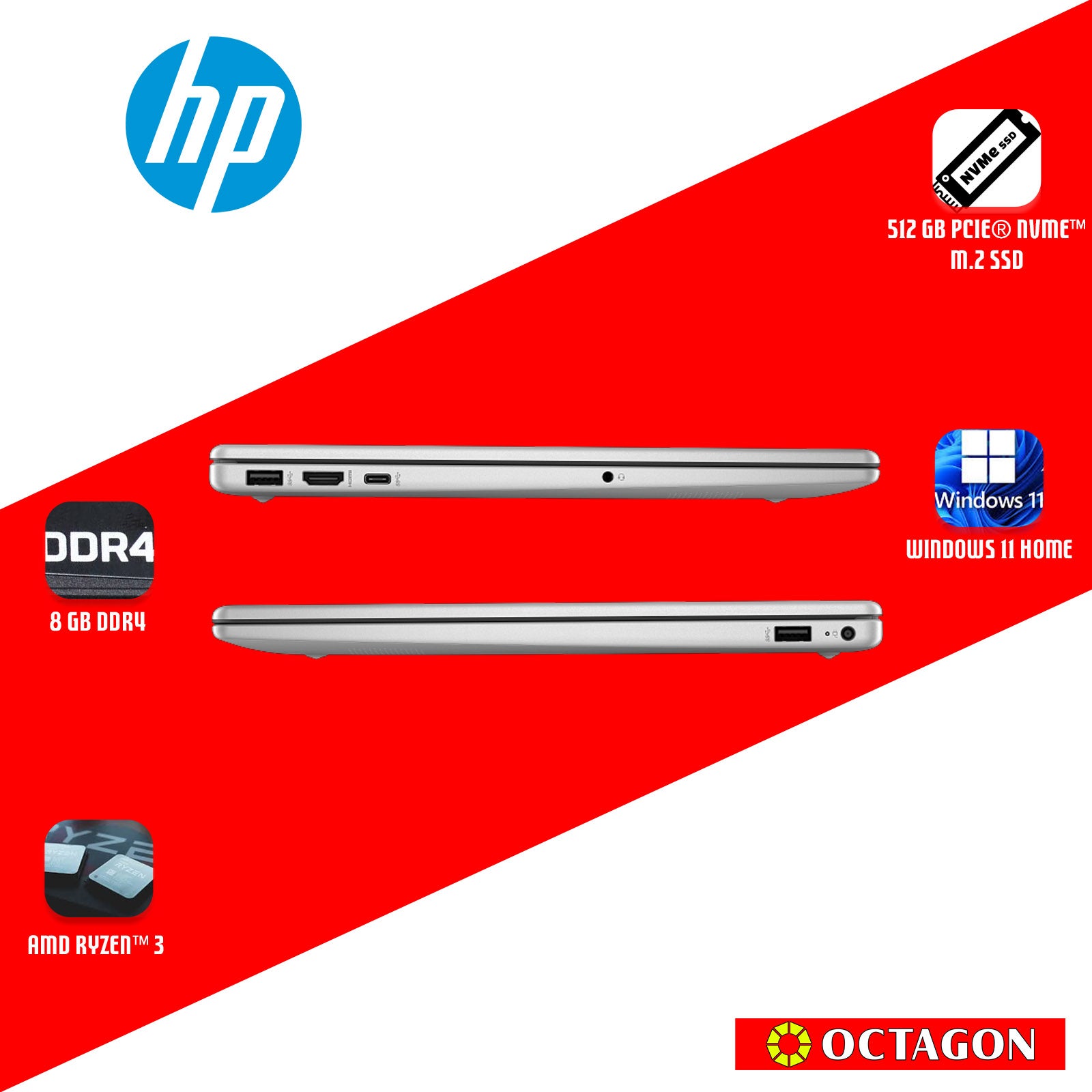 HP 15-FC0255AU/ RYZEN 3-7320U/ 8GB DDR5/ 512GB SSD/ 15.6" FHD/ WIN 11/ OFFICE H&S 2024 + M365/ SLV