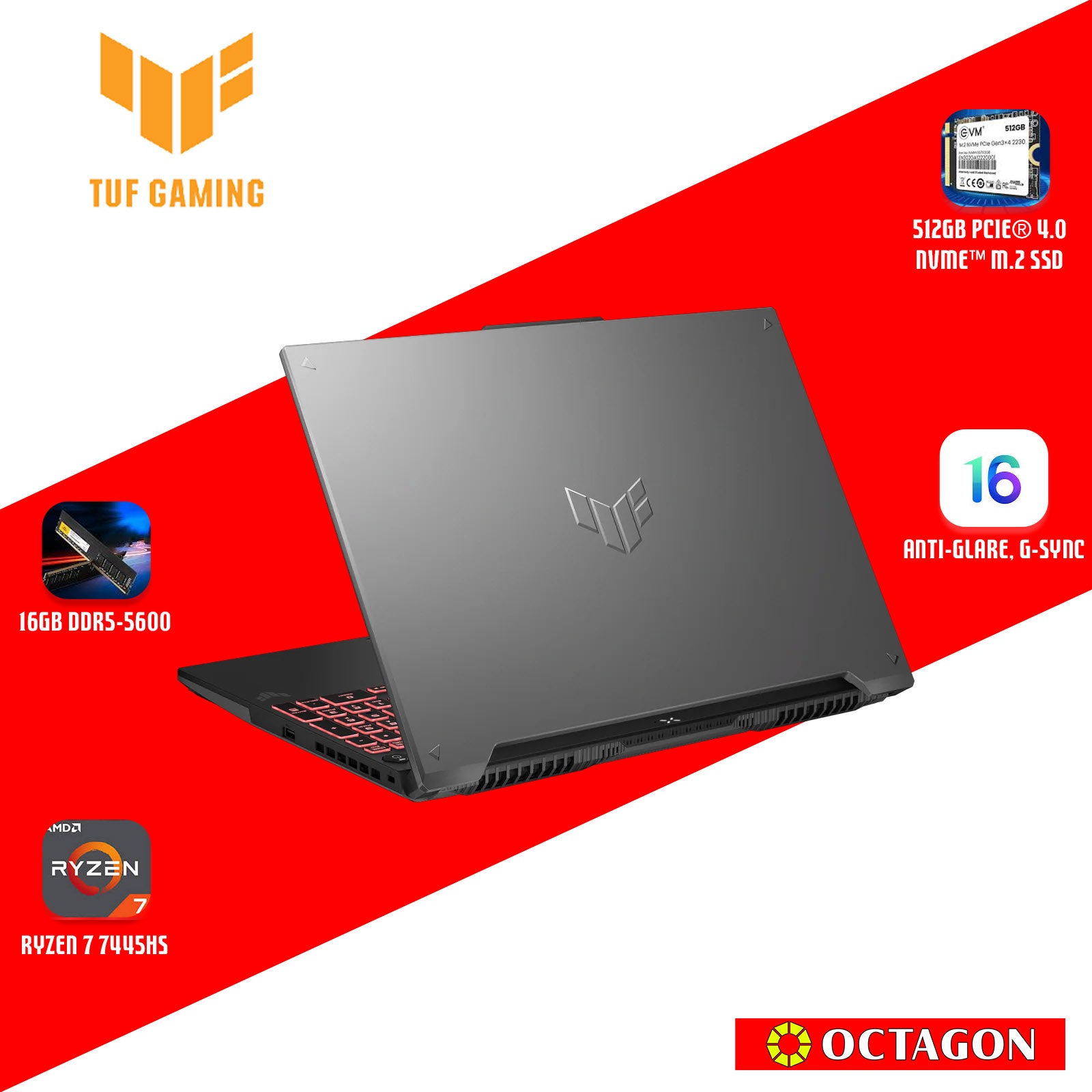 ASUS TUF FA607NUG-RL118WSM/ RYZEN 7 7445HS/ 16GB/ 512GB SSD/ 16 WUXGA 144HZ/ WIN 11/ RTX4050 6GB/ OFFICE H&S 2021 + M365/ GRAY