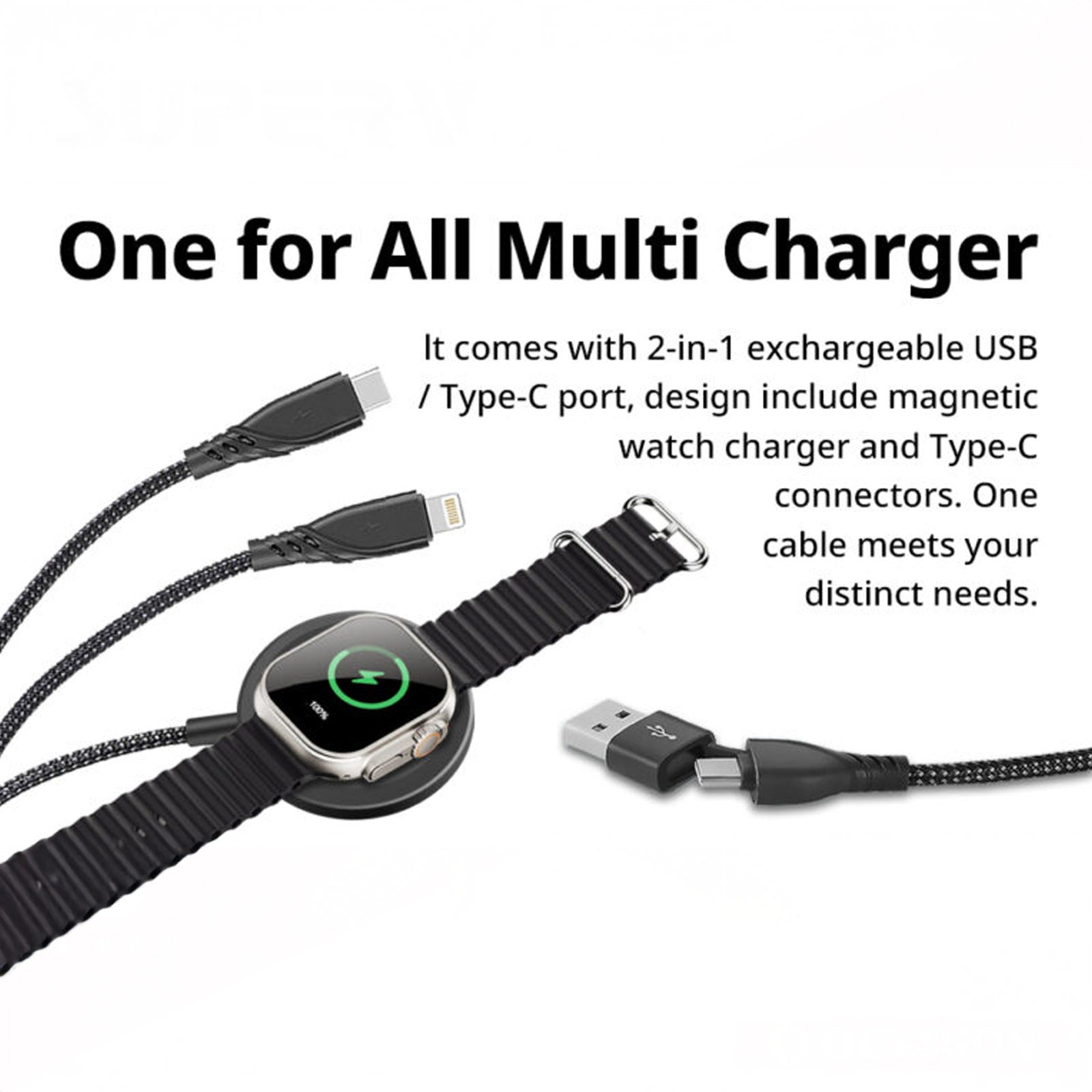 SUPERV CC51 (5 IN 1) CABLE 120CM (OUTPUT USBC PD100W / LIGHTNING PD20W / IWATCH WIRELESS OUTPUT 2.5W / INPUT WSB/USBC 2IN1) BLACK