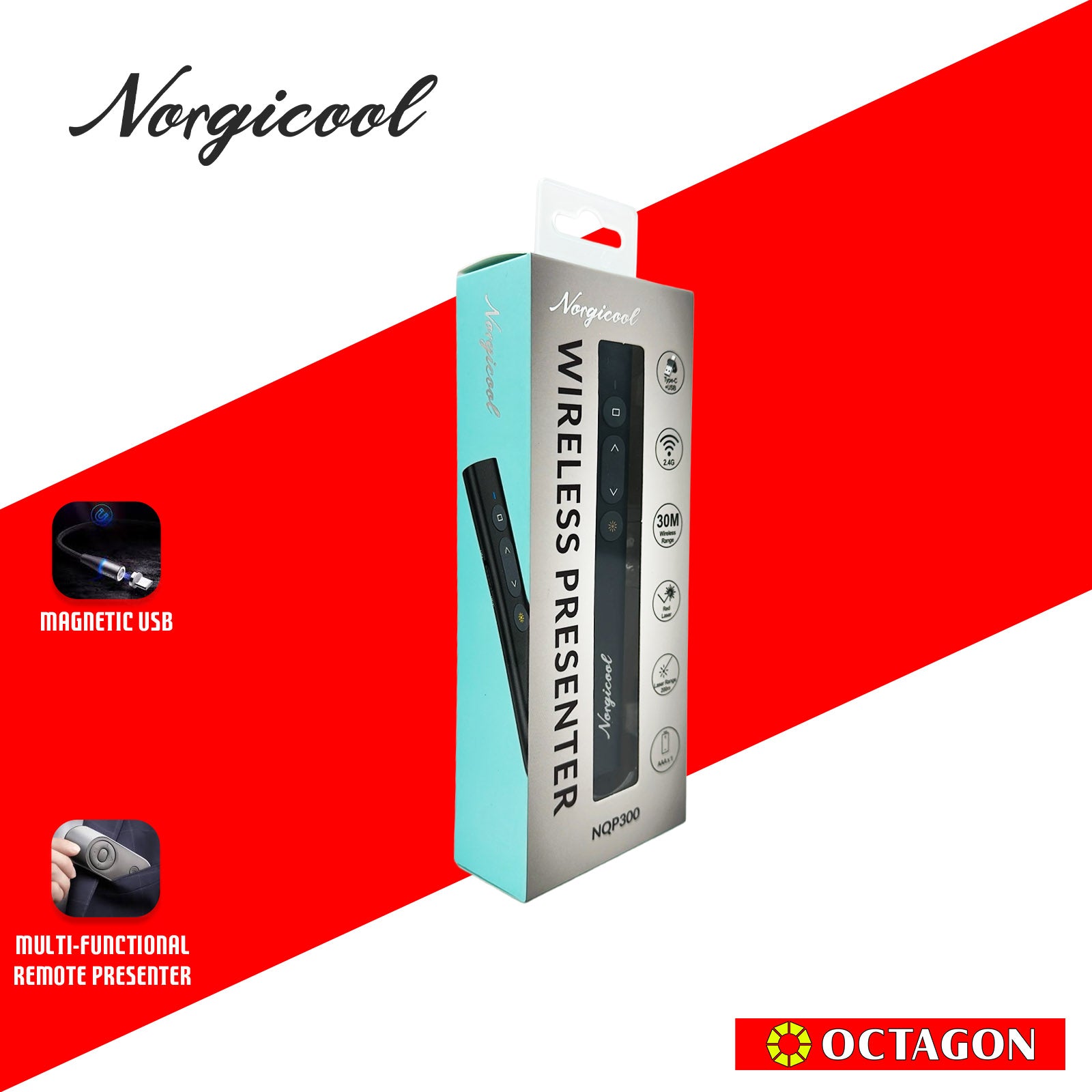 NORGICOOL NQP300 WIRELESS PRESENTER 30M AAA*1 WITH TYPE C AND USB DONGLE BLACK