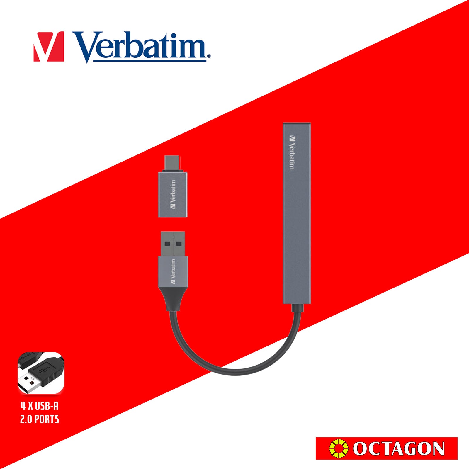 VERBATIM 66753 4-IN-1 USB-A HUB WITH TYPE C CONVERTER (4 PORTS*USB) (GREY)