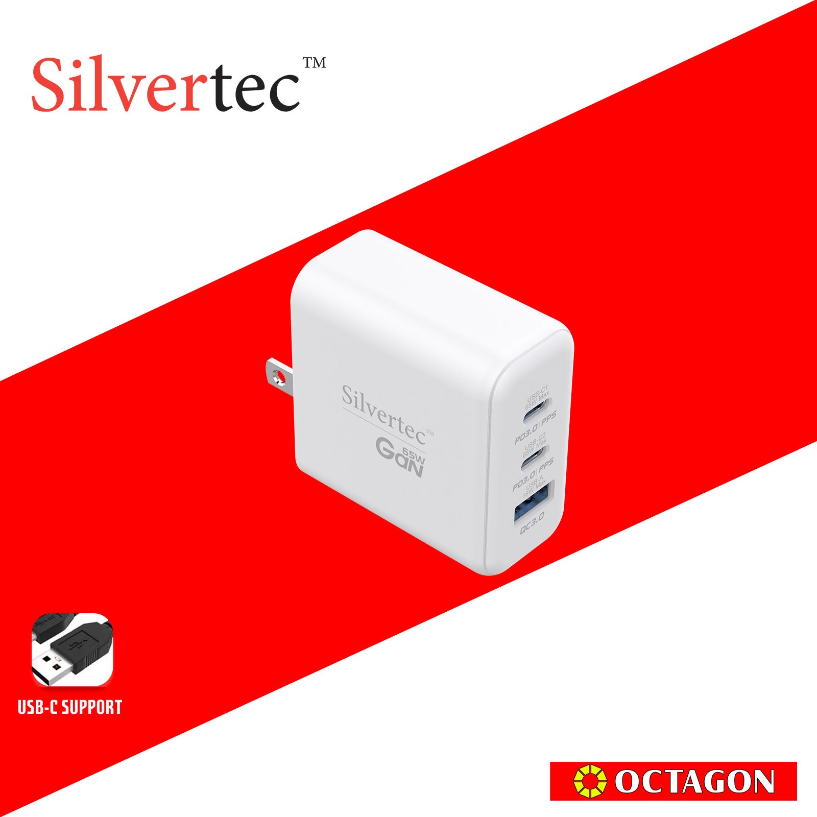 SILVERTEC ST-GW65 65W 3-PORT PD GAN WALL CHARGER 2-USB-C & USB-A WHITE US PLUG