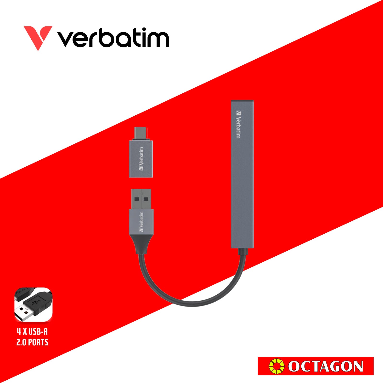 VERBATIM 66753 4-IN-1 USB-A HUB WITH TYPE C CONVERTER (4 PORTS*USB) (GREY)