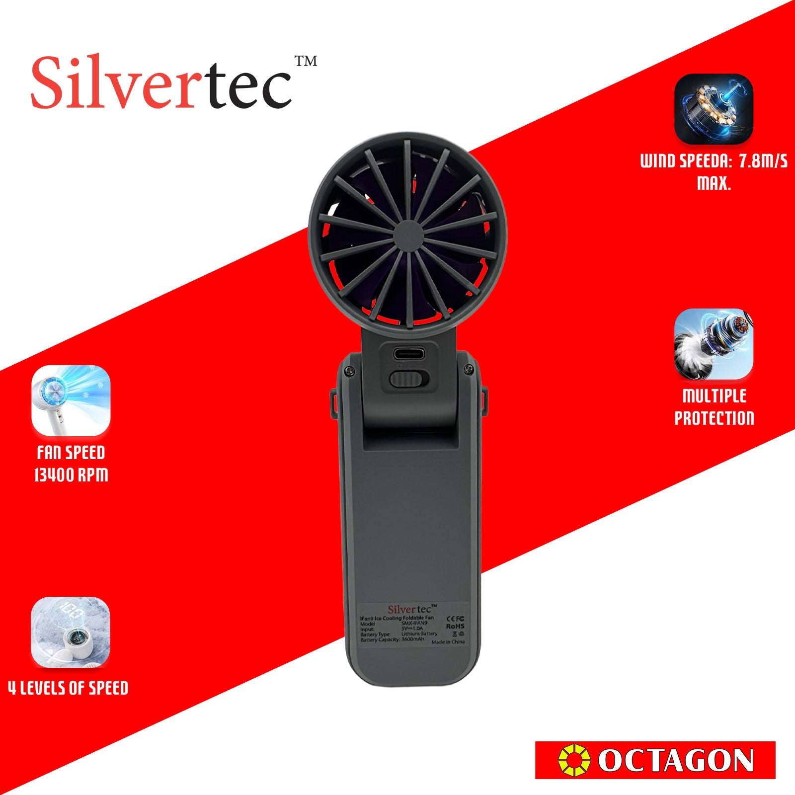 SILVERTEC SMX-IFAN9-GY ICE COOLING FOLDABLE FAN 3600MAH GREY (M79)