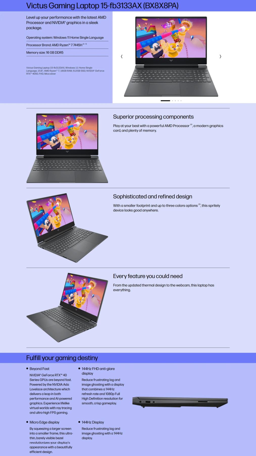 HP VICTUS 15-FB3133AX/ RYZEN 7 7445HS/ 16GB DDR5 5600/ 512GB SSD/ 15.6 FHD IPS 144HZ/ WIN 11/ RTX4050 6GB/ OFFICE H&S 2024 + M365/ SILVER