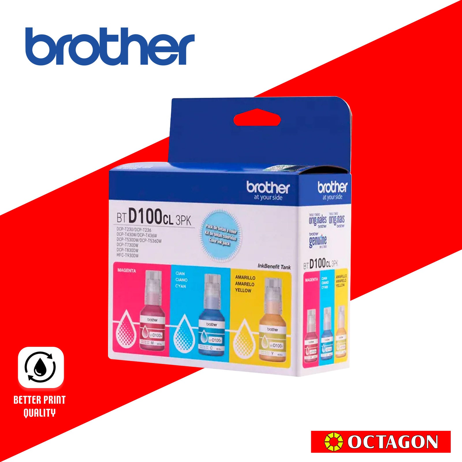 BROTHER BTD100CL3PK COLORED 3 PACK INK BOTTLE