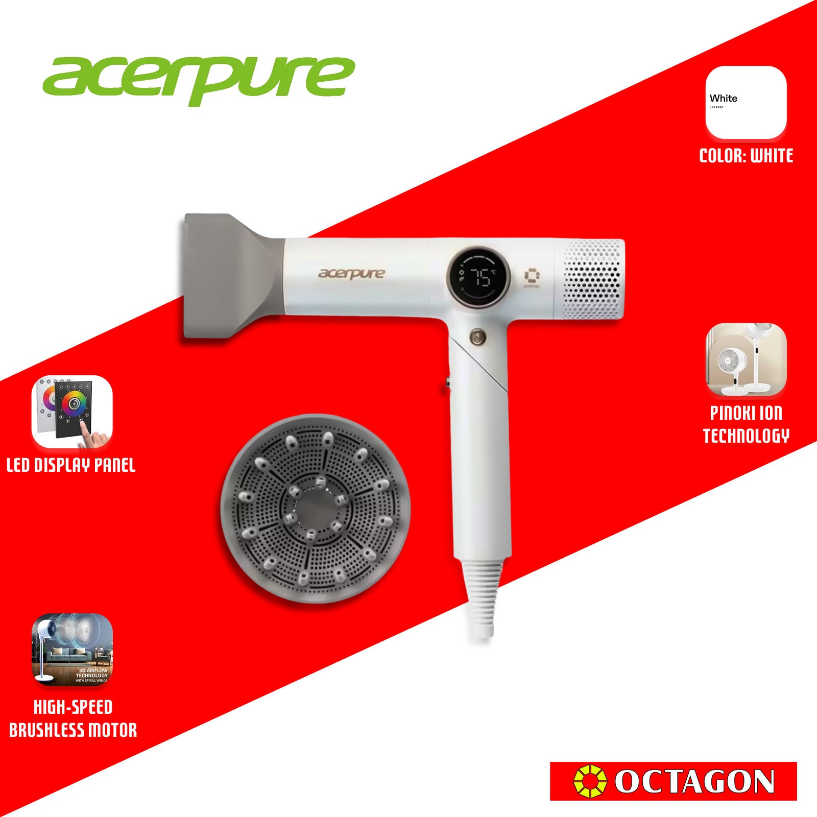 ACERPURE HD3 ICONIC PINOKI IONIC FOLDABLE HAIR DRYER WHITE (ZL.ATSTG.0CF)