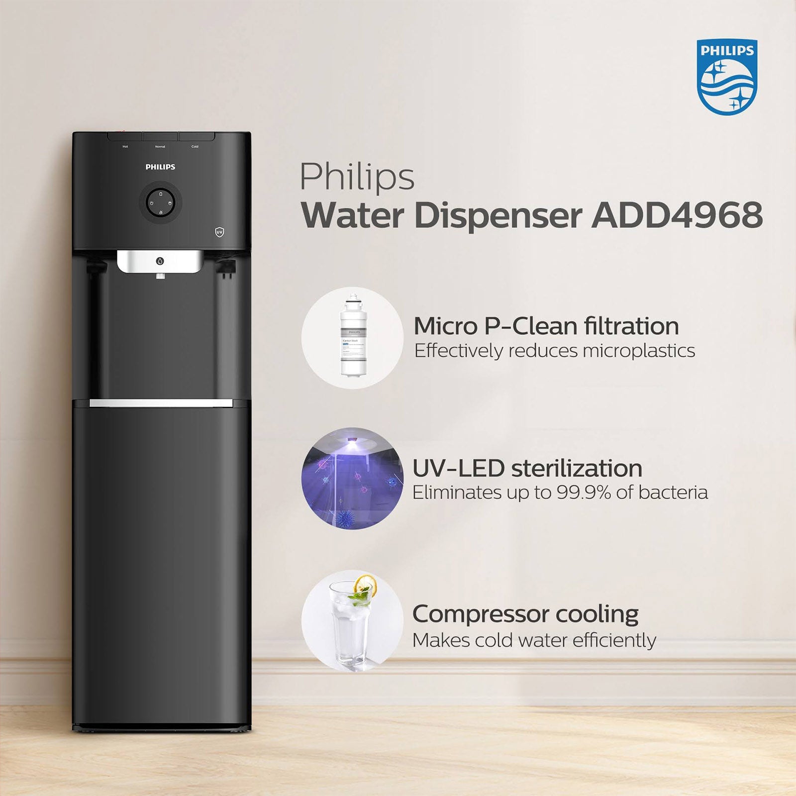 PHILIPS WATER ADD4968BK/56 BLACK BOTTOM LOAD UV + FILTER GALLON WATER DISPENSER 1 NOZZLE HOT/AMBIENT/COLD WITH CHILD LOCK