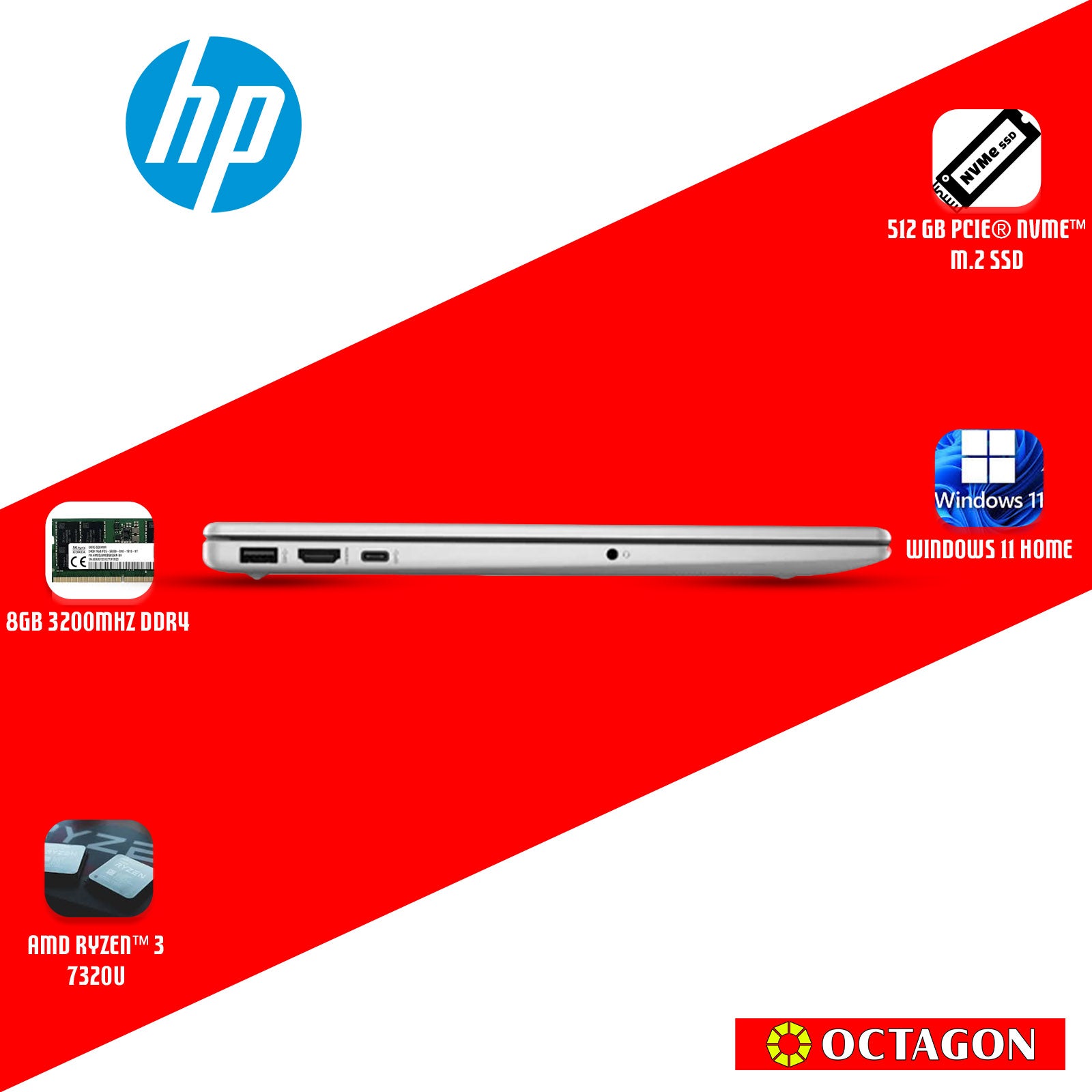 HP 15-FC0756AU/ RYZEN 3-7320U/ 8GB DDR5/ 512GB SSD/ 15.6 FHD/ WIN 11/ OFFICE H&S 2024 + M365