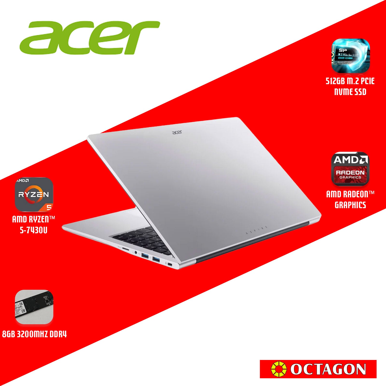 ACER ASPIRE LITE AL15-42P-R4X3/ RYZEN 5 7430U/ 8GB/ 512GB SSD/ 15.6" IPS FHD/ WIN 11/ OFFICE HOME 2024 + OFFICE 365 1YR/ SILVER