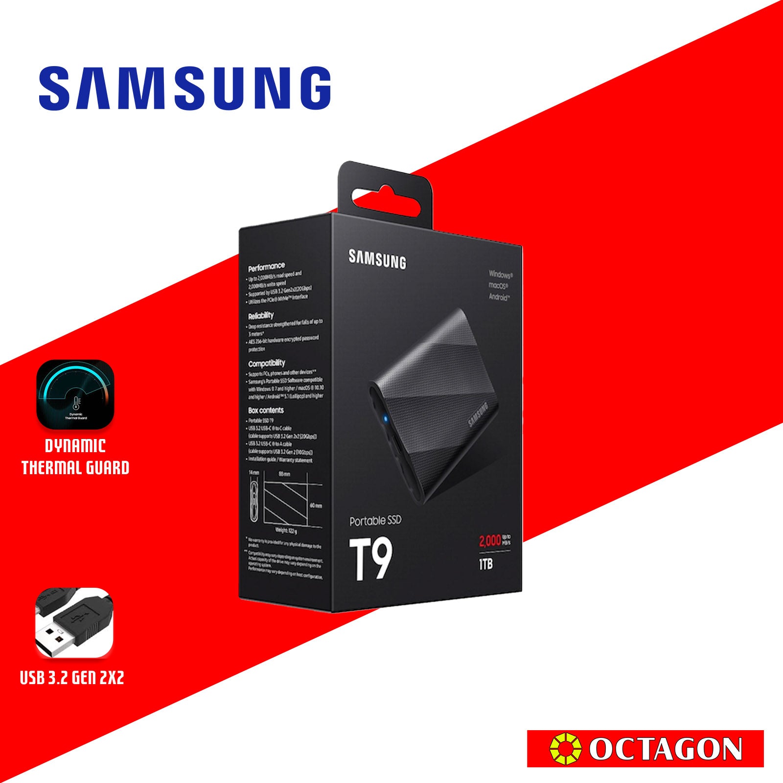 SAMSUNG T9 1TB/2TB BLACK PORTABLE EXTERNAL SOLID STATE DRIVE