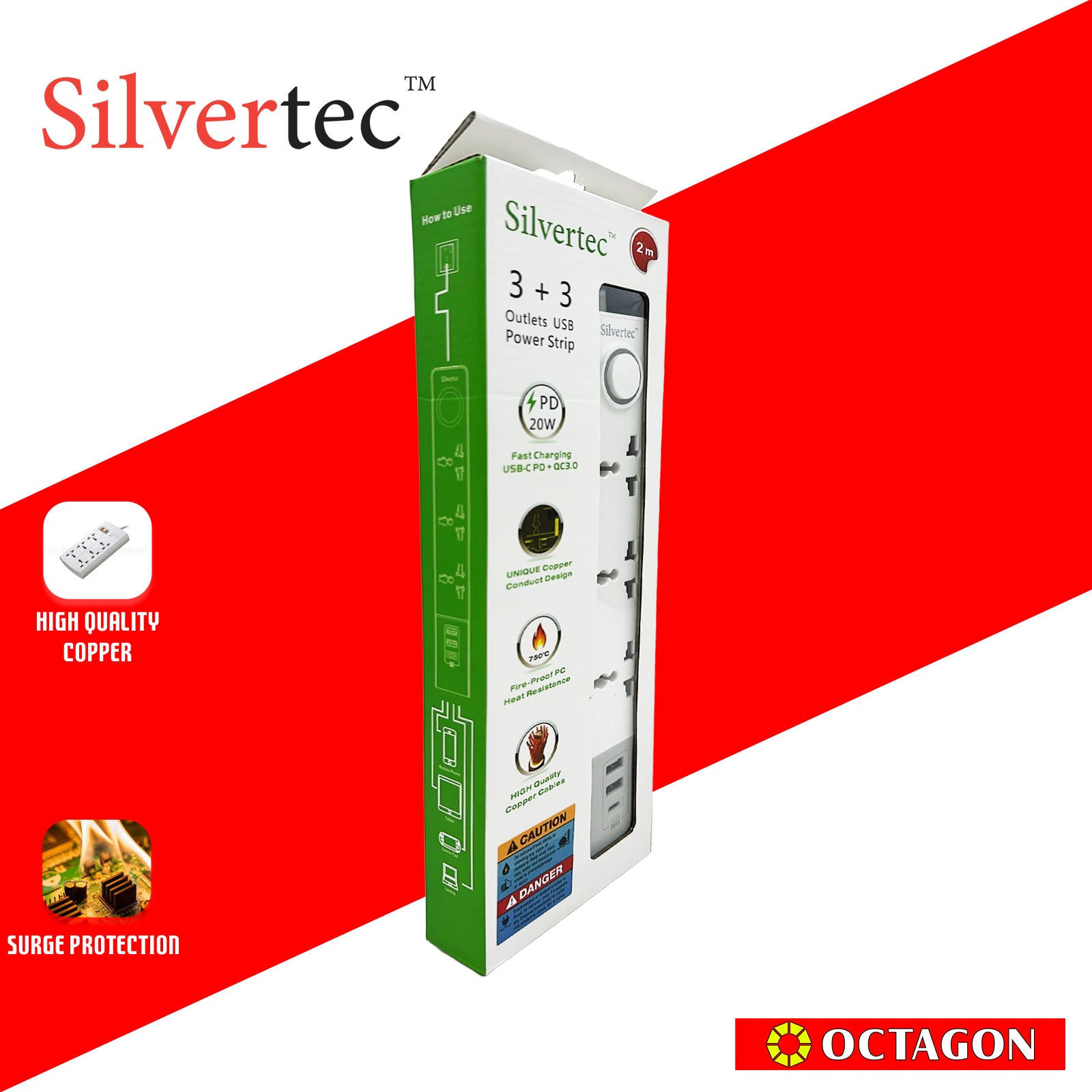 SILVERTEC SV68(2M) 3-OUTLET UNIVERSAL PLUG/ 2 USB Port/ 1 TYPE C PD20 W/ 10A/ 2500W/ 250V/ POWER STRIP SURGE PROTECTOR