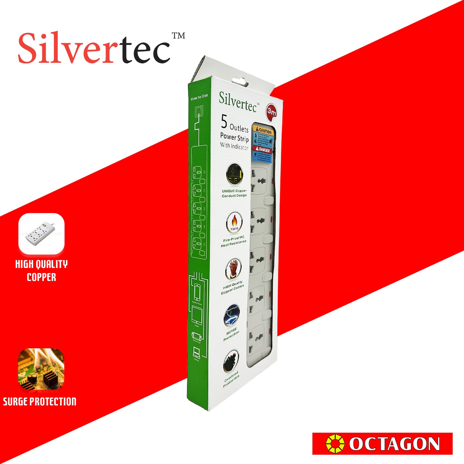 SILVERTEC NEW SV29-3M  5-OUTLET UNIVERSAL PLUG/ 5-SWITCH/ 3M/ 10A/ 2500W/ 250V IVORY POWER STRIP W/ SURGE PROTECTION