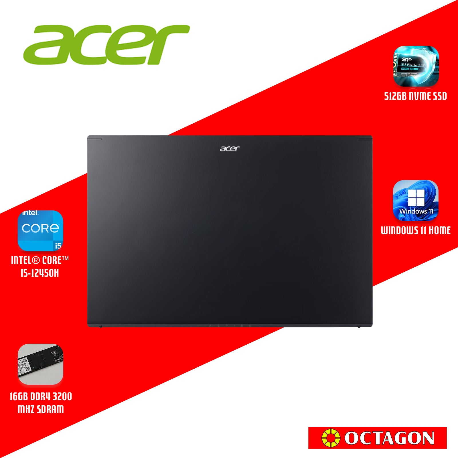 ACER ASPIRE 7 A715-59G-56W7/ CORE I5-12450H/ 16GB/ 512GB SSD/ 15.6 FHD/ WIN 11/ RTX3050 6GB/ OFFICE H&S 2024 + M365/ BLK