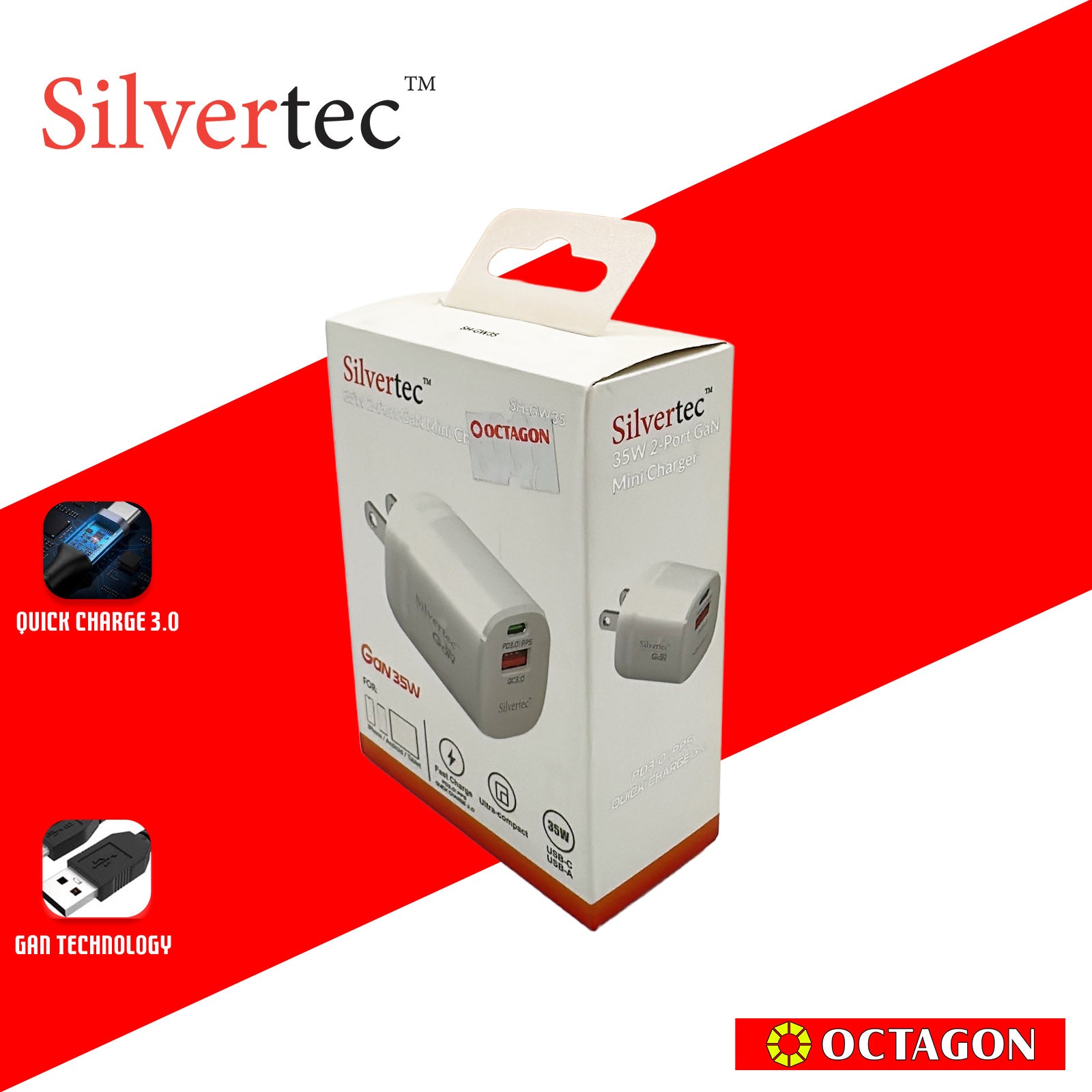 SILVERTEC SH-GW35-WH 35W 2-USB-C/A QC 3.0 PD GAN WALL CHARGER WHITE US PLUG