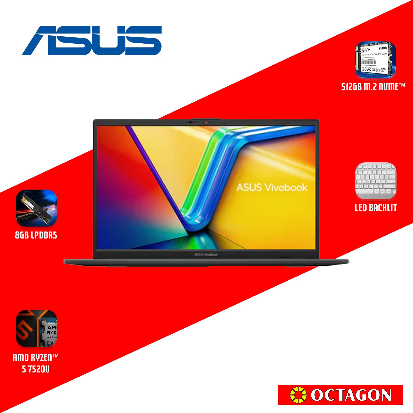 ASUS E1504FA-NJ1970WSM/ RYZEN 5-7520U/ 8GB/ 512GB SSD/ 15.6 FHD/ WIN 11/ OFFICE H&S + M365/ BLK