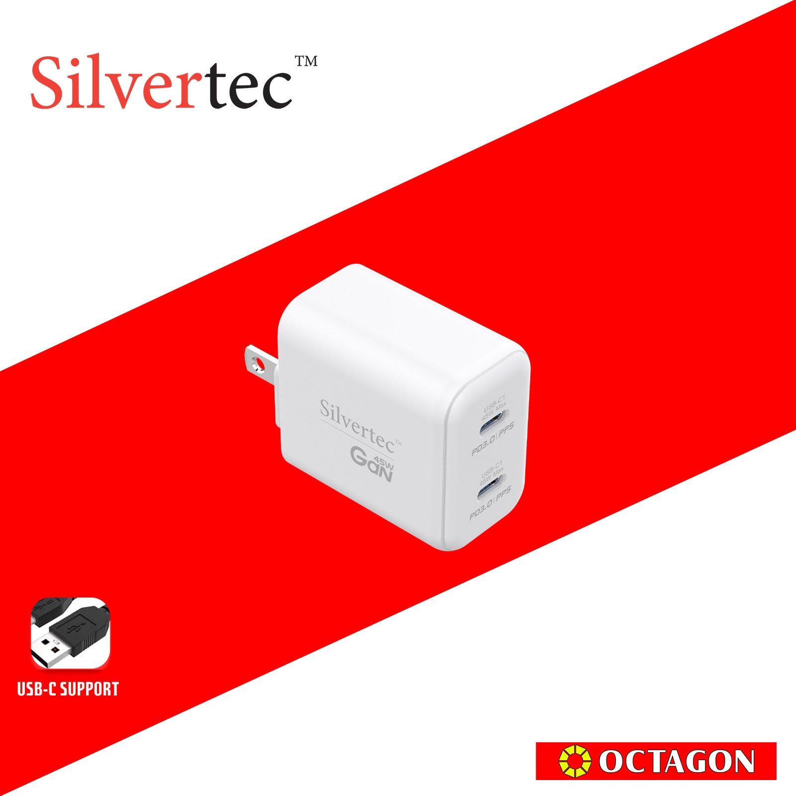 SILVERTEC ST-GW45 45W 2-USB-C PD GAN WALL CHARGER WHITE US PLUG