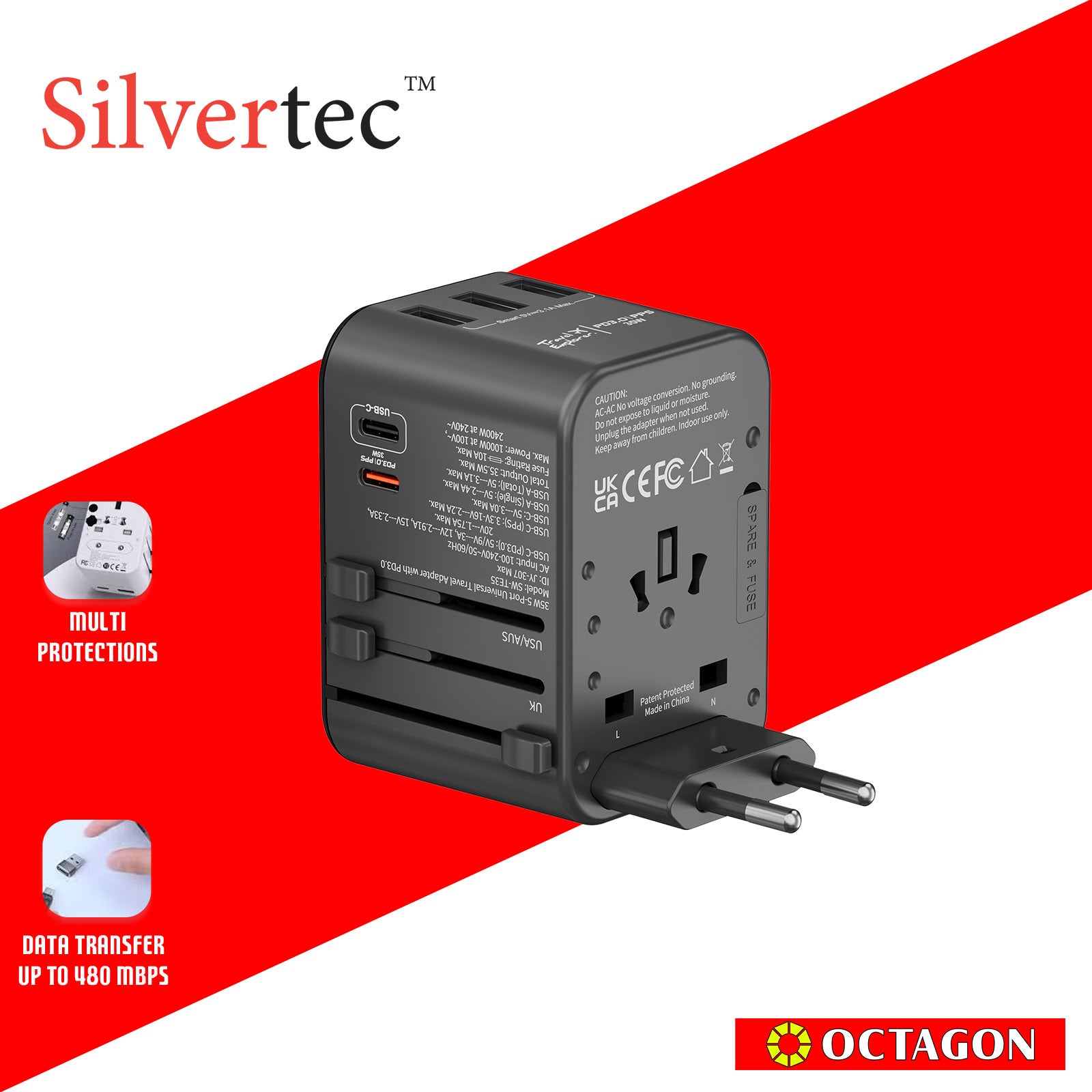 SILVERTEC SW-TE35-SG 35W GRAY 5-PORT+AC PD CHARGER TRAVEL ADAPTOR US/UK/EU/AU UNIVERSAL 3-USB-A & 2-USB-C WITH POUCH