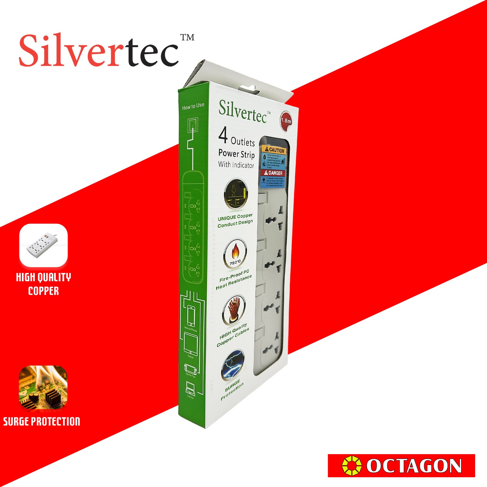 SILVERTEC NEW SV38-1.8M 4-OUTLET UNIVERSAL PLUG/ 4-SWITCH/ 1.8M/ 10A/ 2500W/ 250V IVORY POWER STRIP W/ SURGE PROTECTION