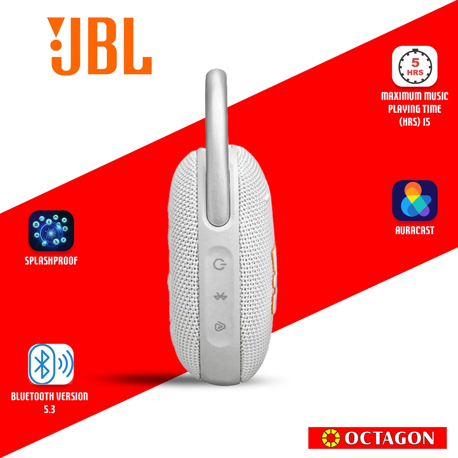 JBL CLIP 5 WHITE BT SPEAKER ULTRA-PORTABLE WATERPROOF