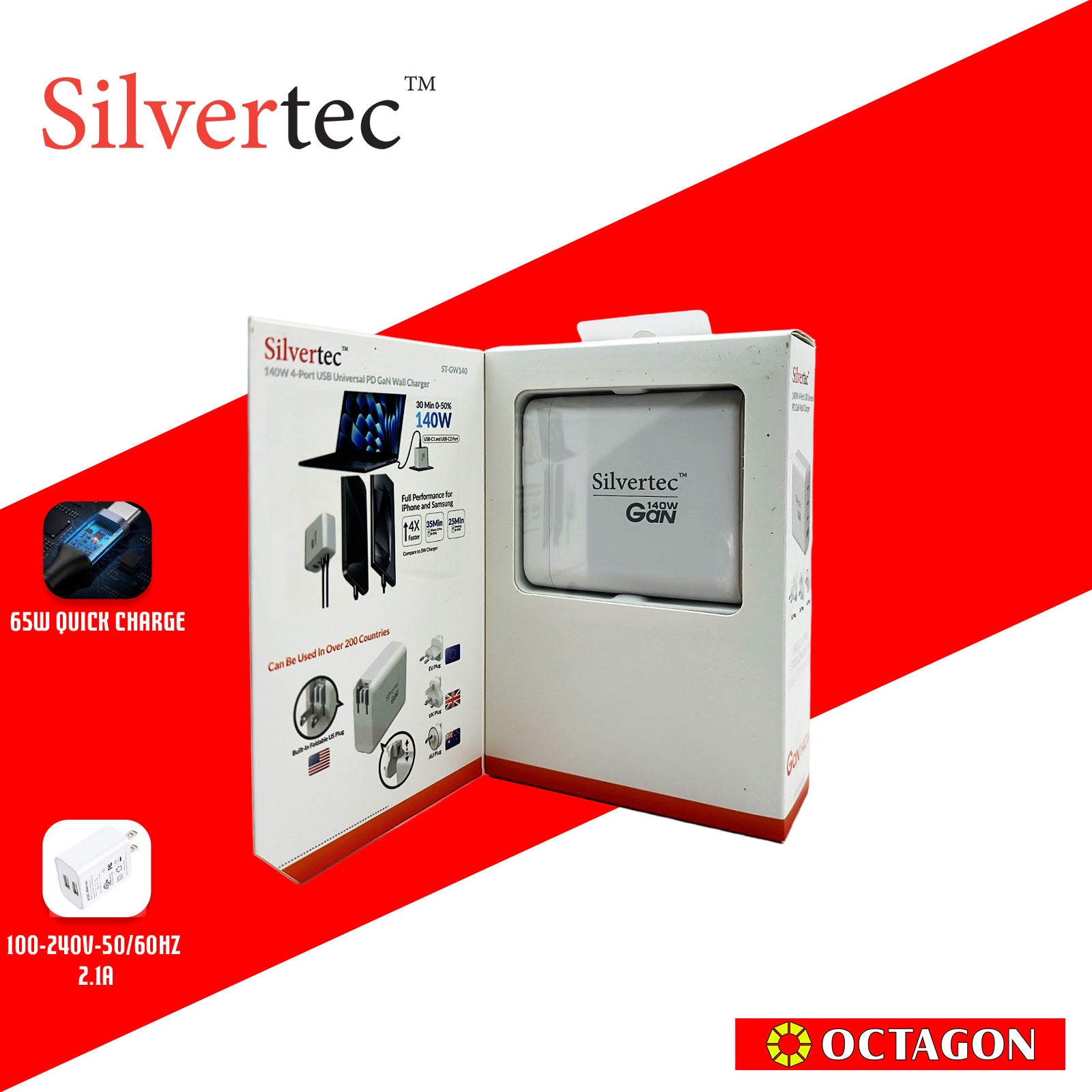 SILVERTEC ST-GW140-WH 140W 4-PORT USB UNIVERSAL PD GAN WALL CHARGER WHITE (3 PD / 1 QC)