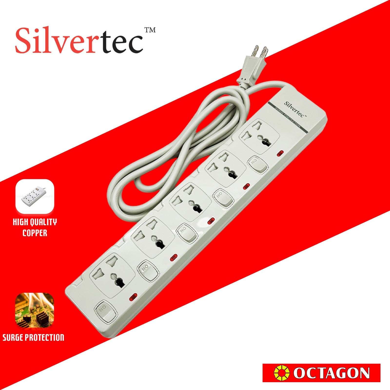 SILVERTEC NEW SV29-1.8M 5-OUTLET UNIVERSAL PLUG/ 5-SWITCH/ 1.8M/ 10A/ 2500W/ 250V IVORY POWER STRIP W/ SURGE PROTECTION
