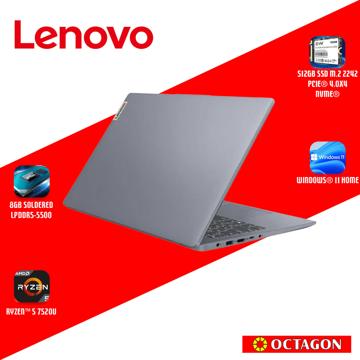 LENOVO IP S3-15 (82XQ00WDPH)/ RYZEN 5 7520U/ 8GB/ 512GB SSD/ 15.6 FHD/ WIN 11/ OFFICE HOME 2024