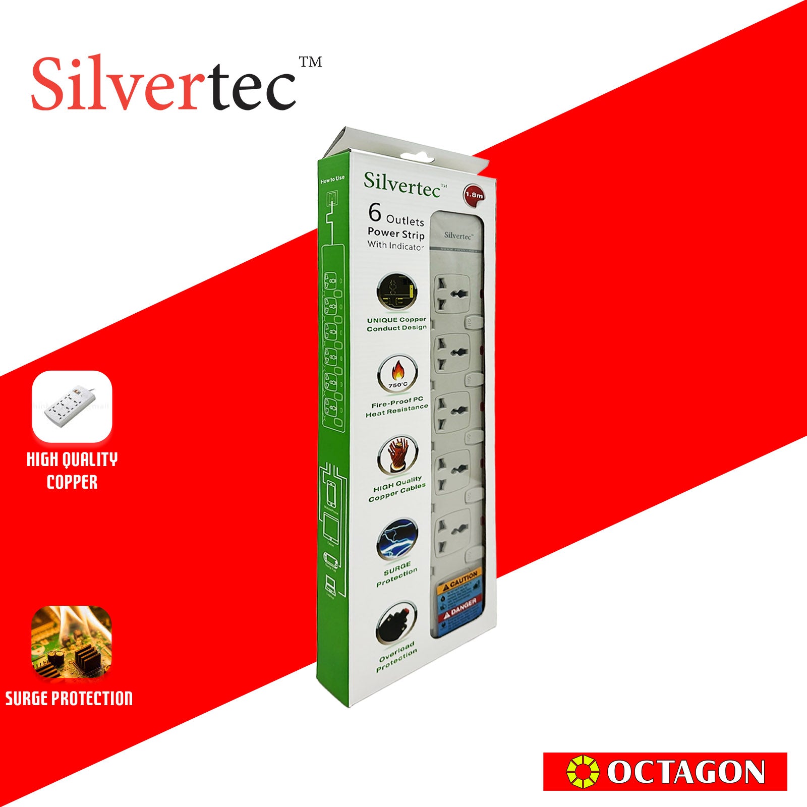 SILVERTEC NEW SV30-1.8M 6-OUTLET UNIVERSAL PLUG/ 6-SWITCH/ 1.8M/ 10A/ 2500W/ 250V IVORY POWER STRIP W/ SURGE PROTECTION