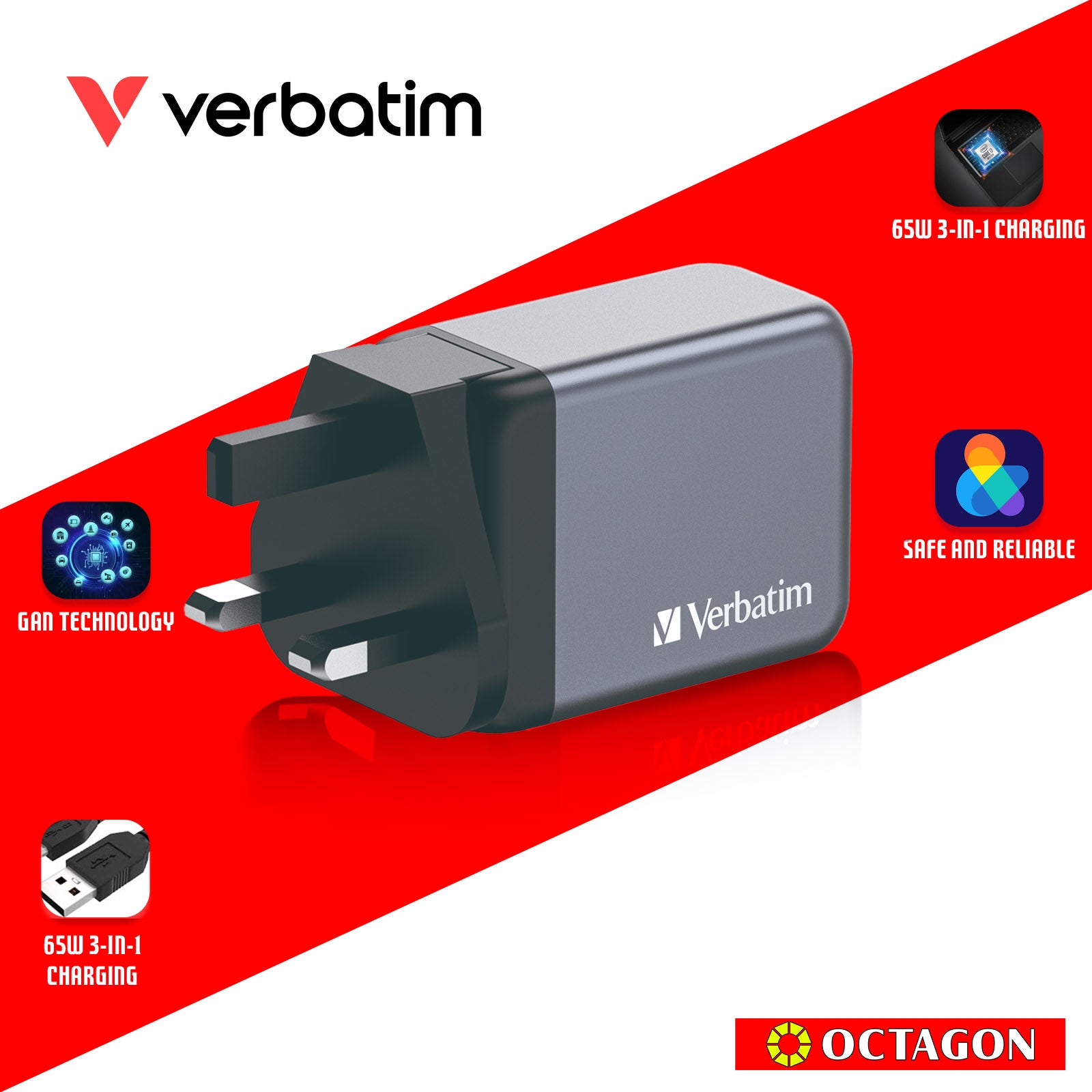 VERBATIM 32201 GNC-65 GAN CHARGER 3 PORT 65W USB A/C (EU/UK/US)