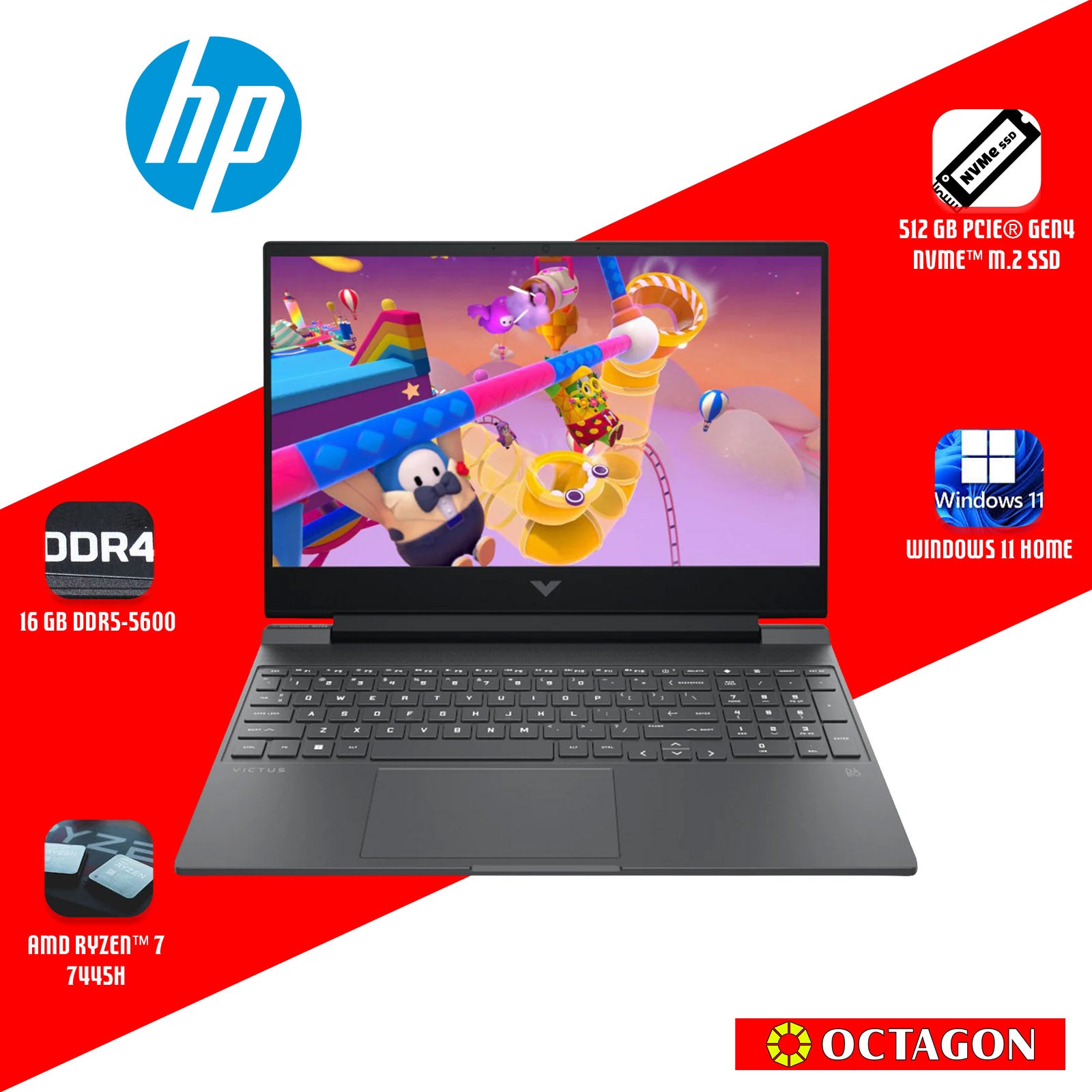 HP VICTUS 15-FB3133AX/ RYZEN 7 7445HS/ 16GB DDR5 5600/ 512GB SSD/ 15.6 FHD IPS 144HZ/ WIN 11/ RTX4050 6GB/ OFFICE H&S 2024 + M365/ SILVER