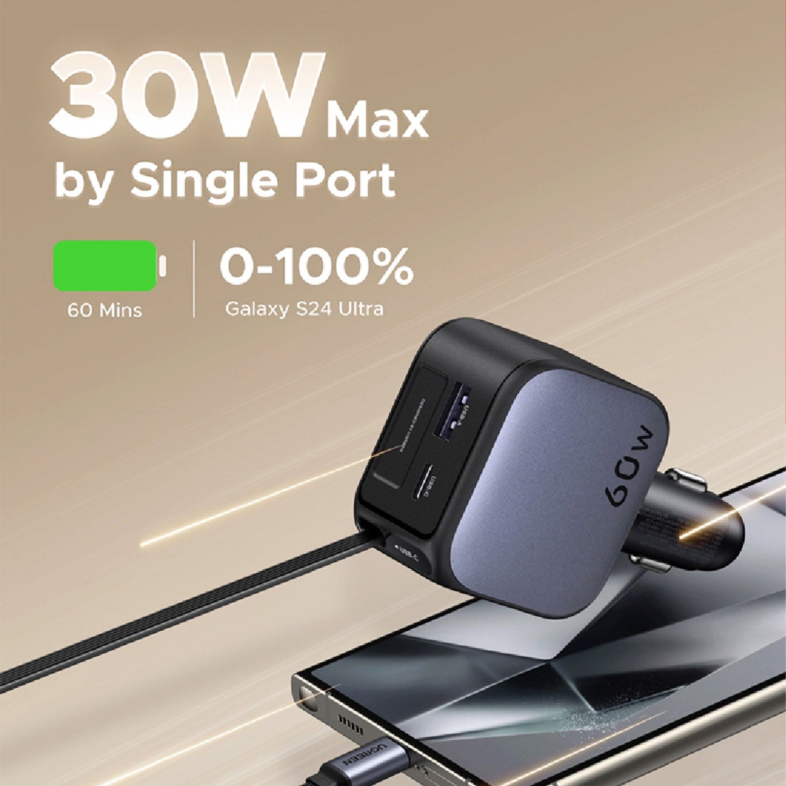 UGREEN EC602/55212B 60W FAST CHARGER WITH RETRACTABLE USB-C CABLE CAR CHARGER