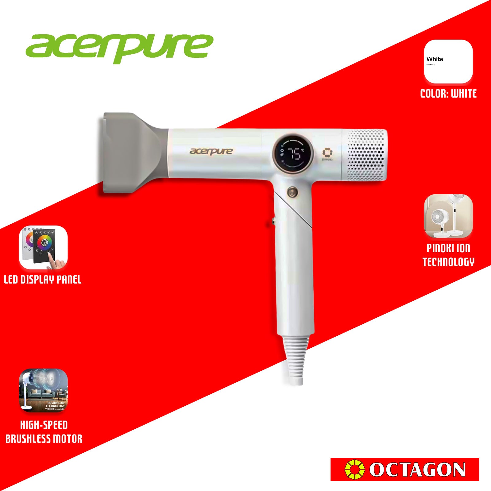 ACERPURE HD3 ICONIC PINOKI IONIC FOLDABLE HAIR DRYER WHITE (ZL.ATSTG.0CF)
