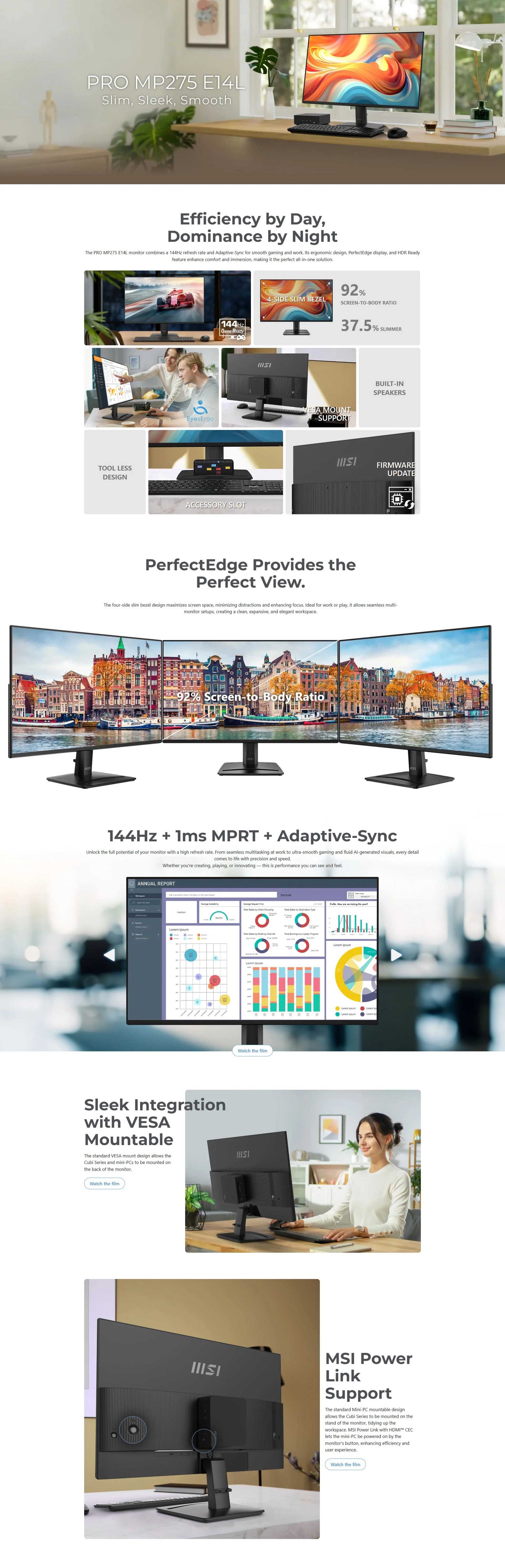 MSI PRO MP275 E14L 144HZ 1MS FHD IPS MONITOR