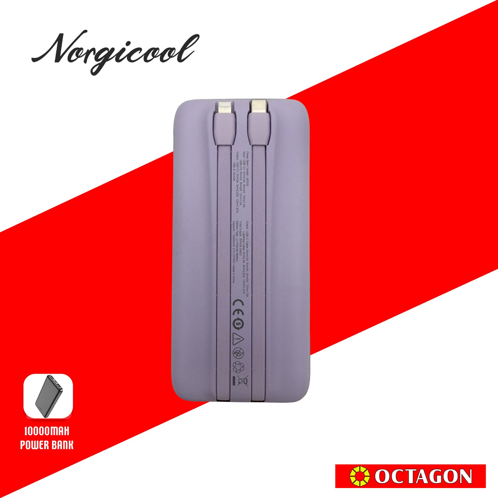 NORGICOOL NP026-PL PD20W 10000MAH W/ TYPE C AND LIGHTNING POWER BANK PURPLE