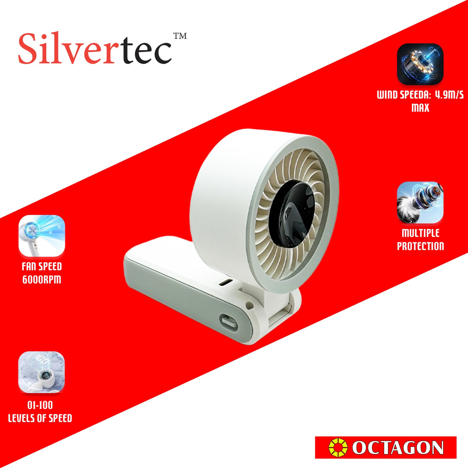SILVERTEC SMX-IFAN6-WH HIGH SPEED FOLDABLE FAN 5000MAH WHITE (M86)