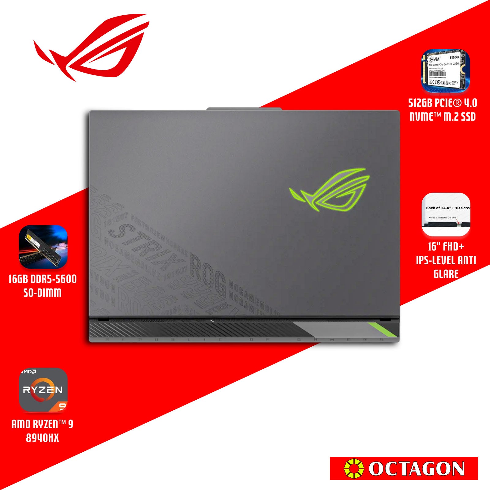 ASUS ROG STRIX G614PM-RV094WSM/ RYZEN 9 8940HX/ 16GB/512GB/ 16 FHD 165HZ/ WIN 11/ RTX5060 8GB