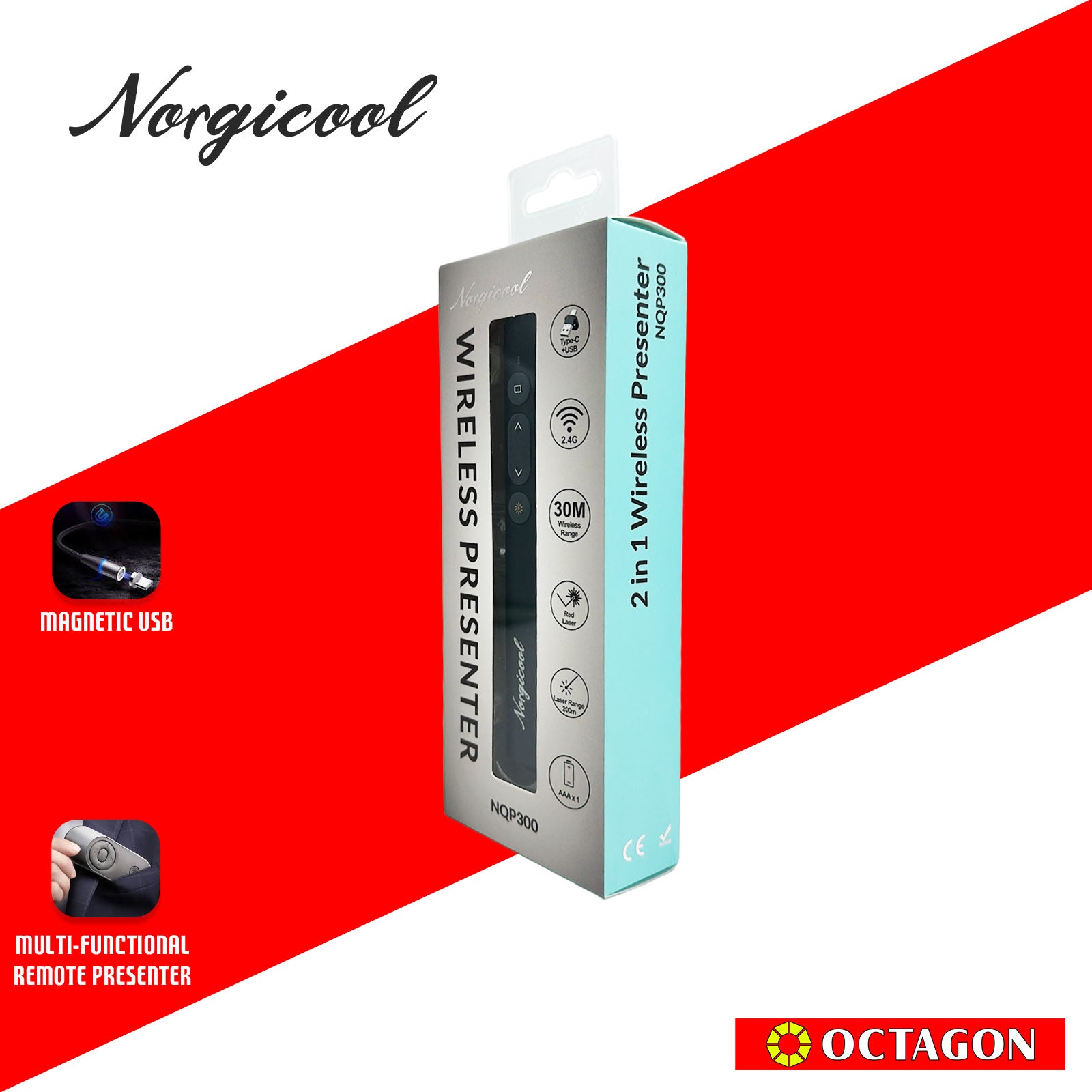 NORGICOOL NQP300 WIRELESS PRESENTER 30M AAA*1 WITH TYPE C AND USB DONGLE BLACK