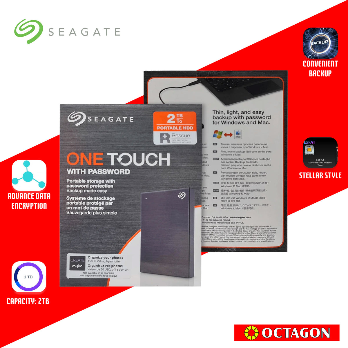 SEAGATE 2TB ONETOUCH BLACK HDD W/ PASSWORD