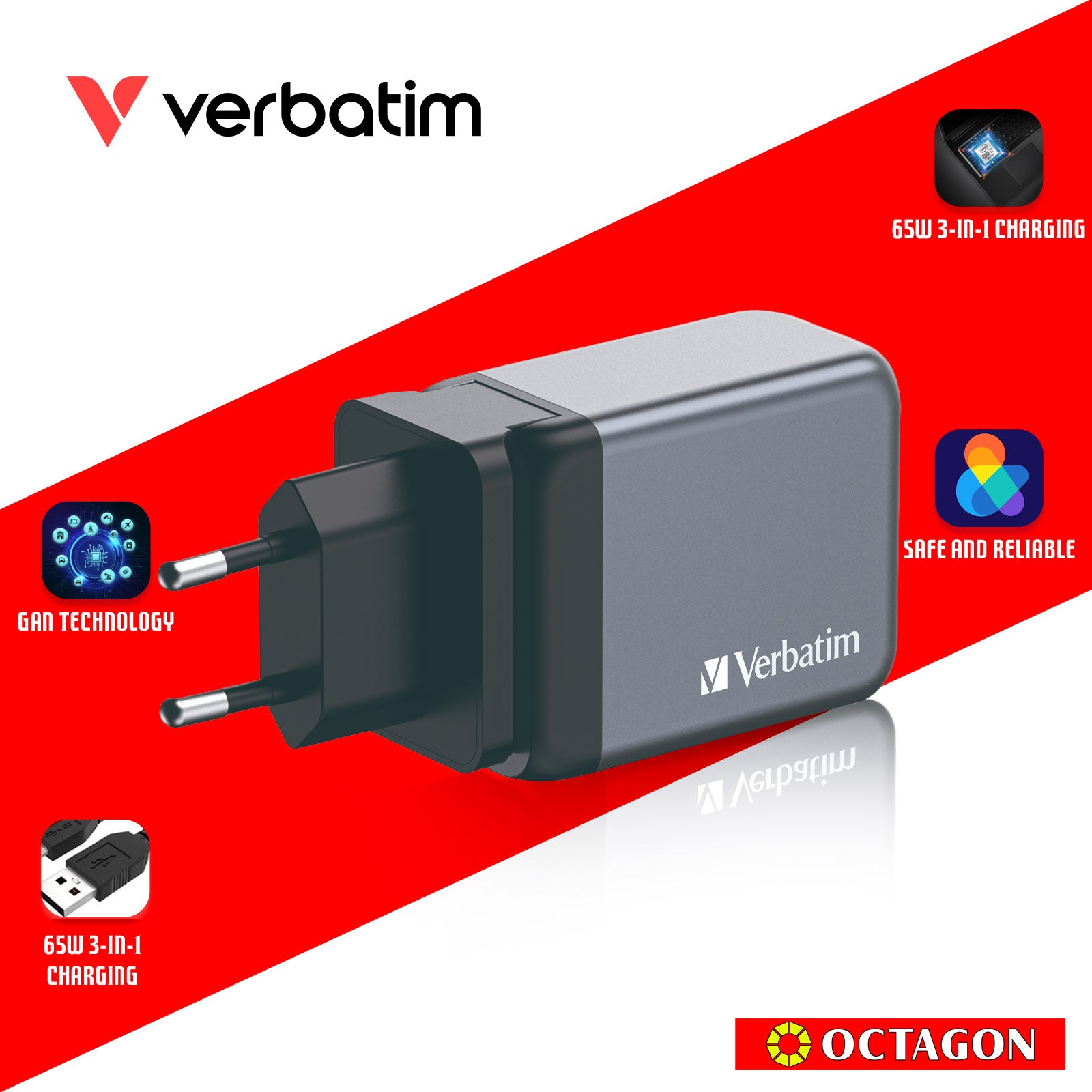VERBATIM 32201 GNC-65 GAN CHARGER 3 PORT 65W USB A/C (EU/UK/US)