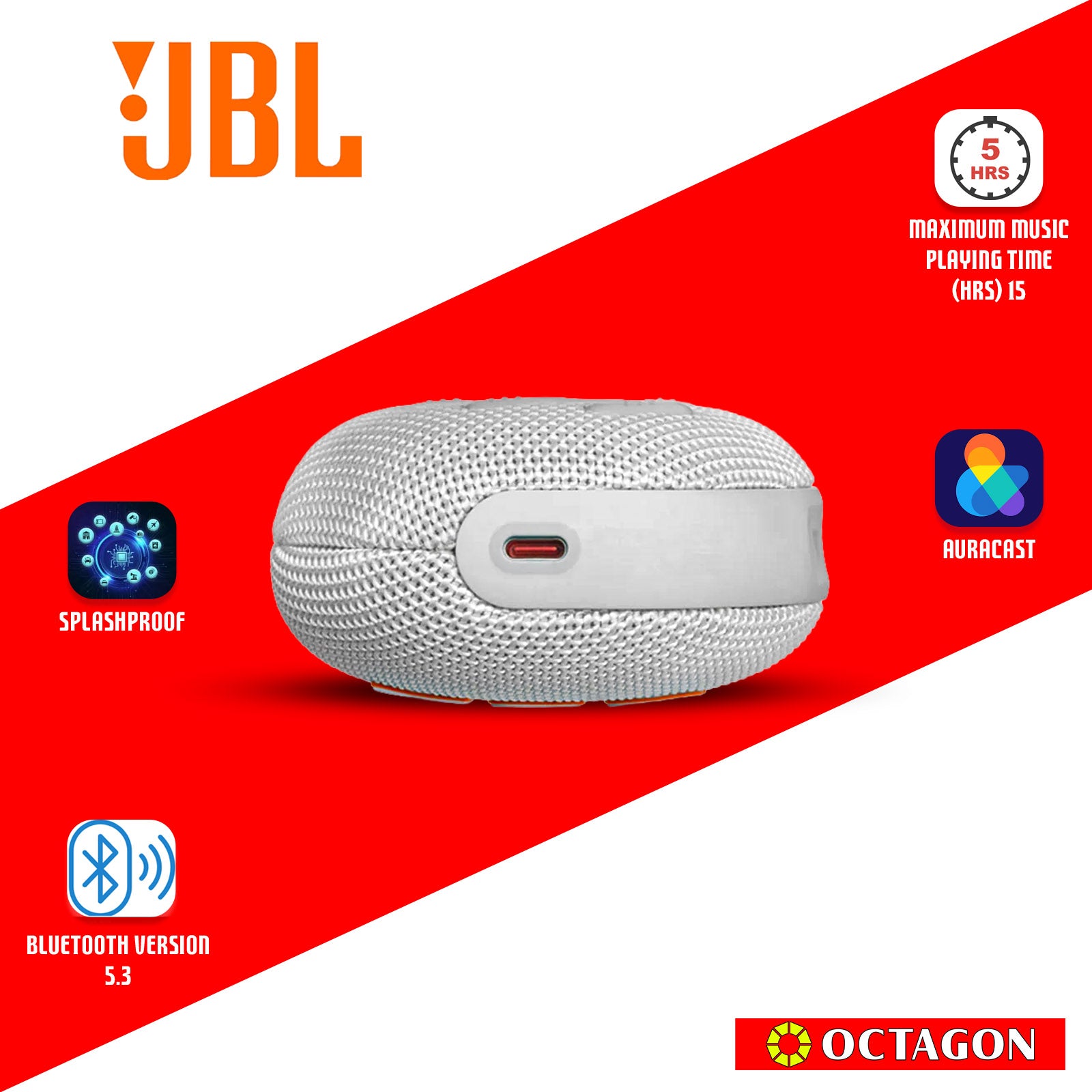 JBL CLIP 5 WHITE BT SPEAKER ULTRA-PORTABLE WATERPROOF