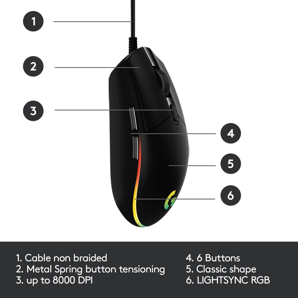 LOGITECH G102 BLACK LIGHTSYNC GAMING MOUSE 6 BUTTONS 8000DPI RAINBOW LED