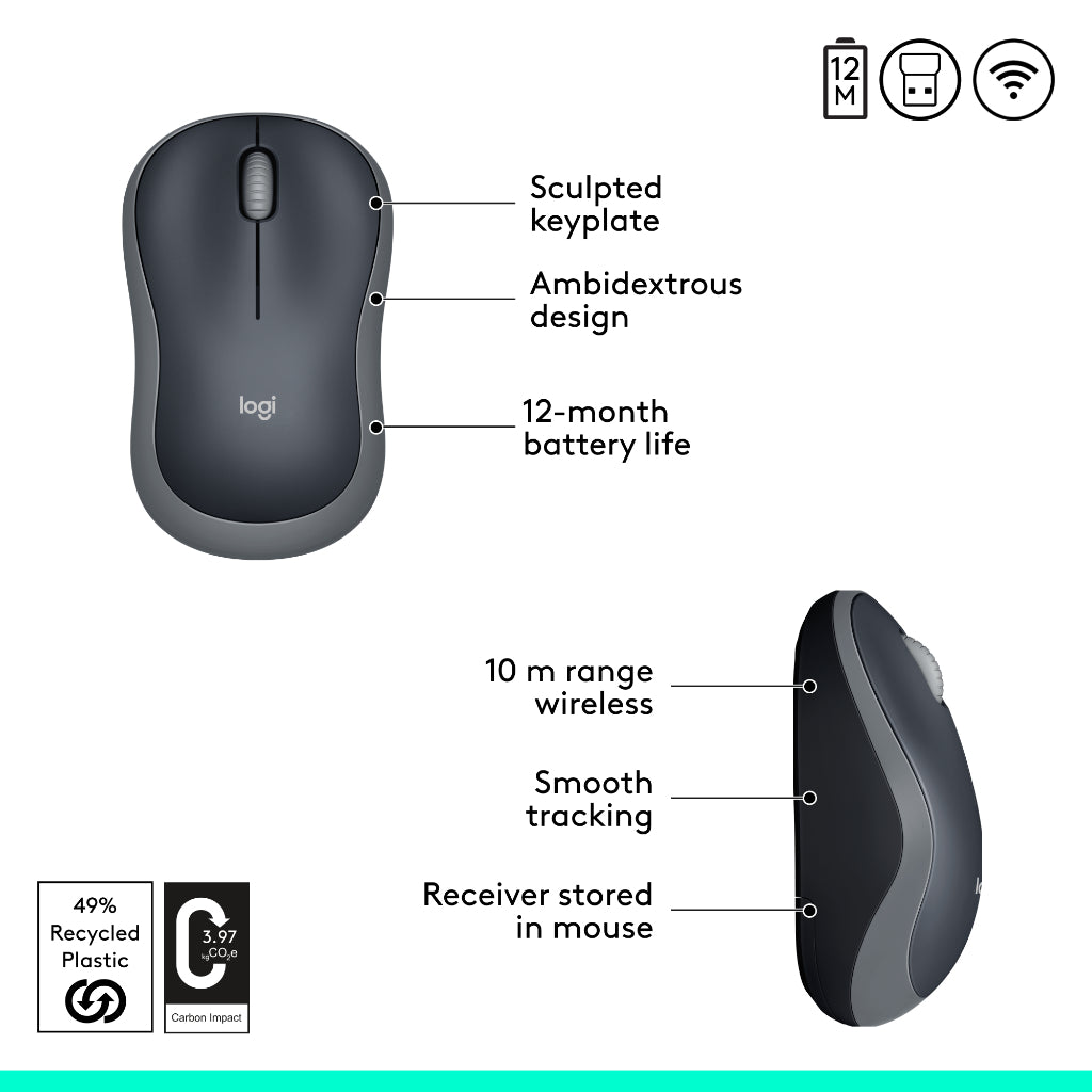 LOGITECH M185 GRAY WIRELESS MOUSE