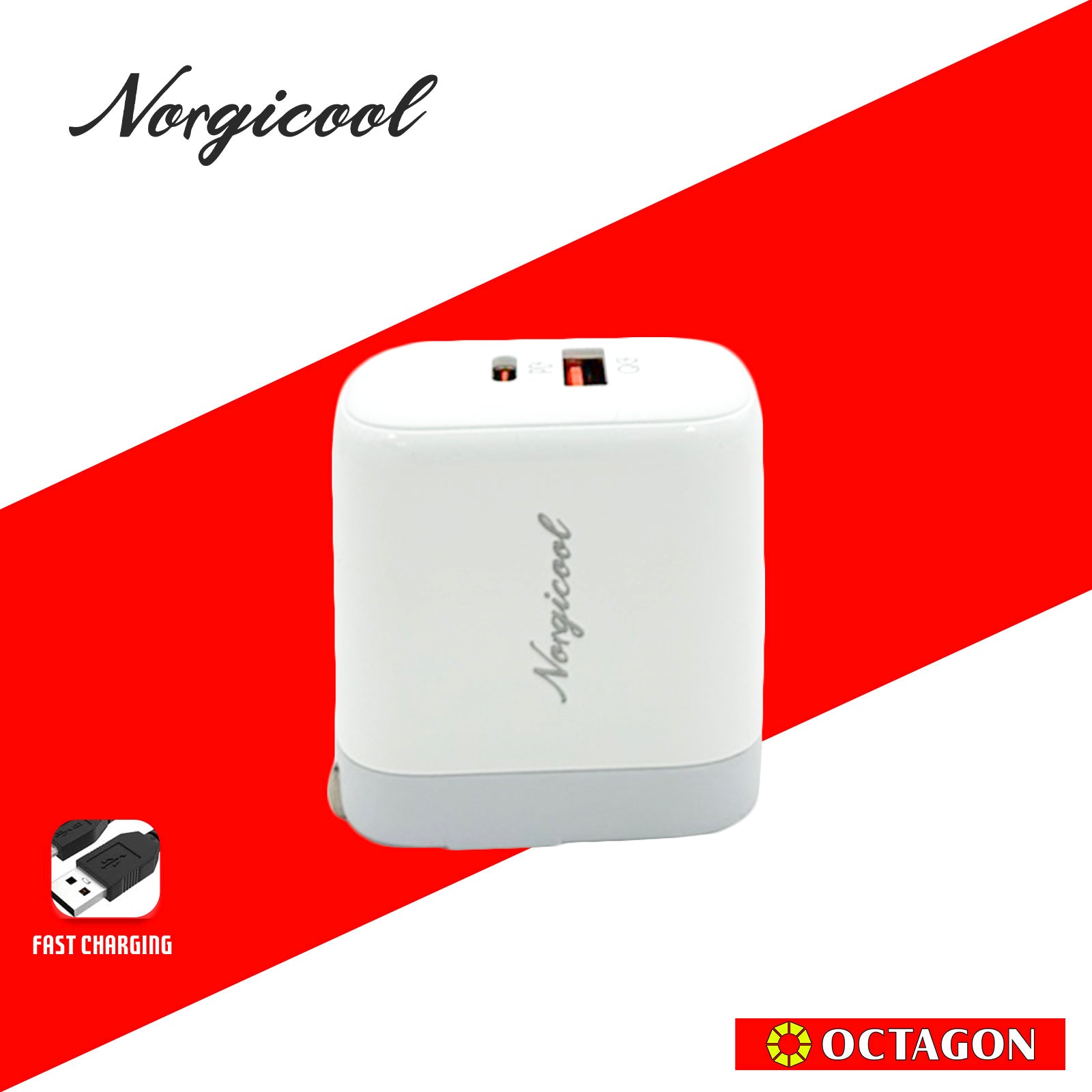 NORGICOOL NA2526C 45W 2-PORT PD WALL CHARGER USB-A & C WITH C/C CABLE 1M