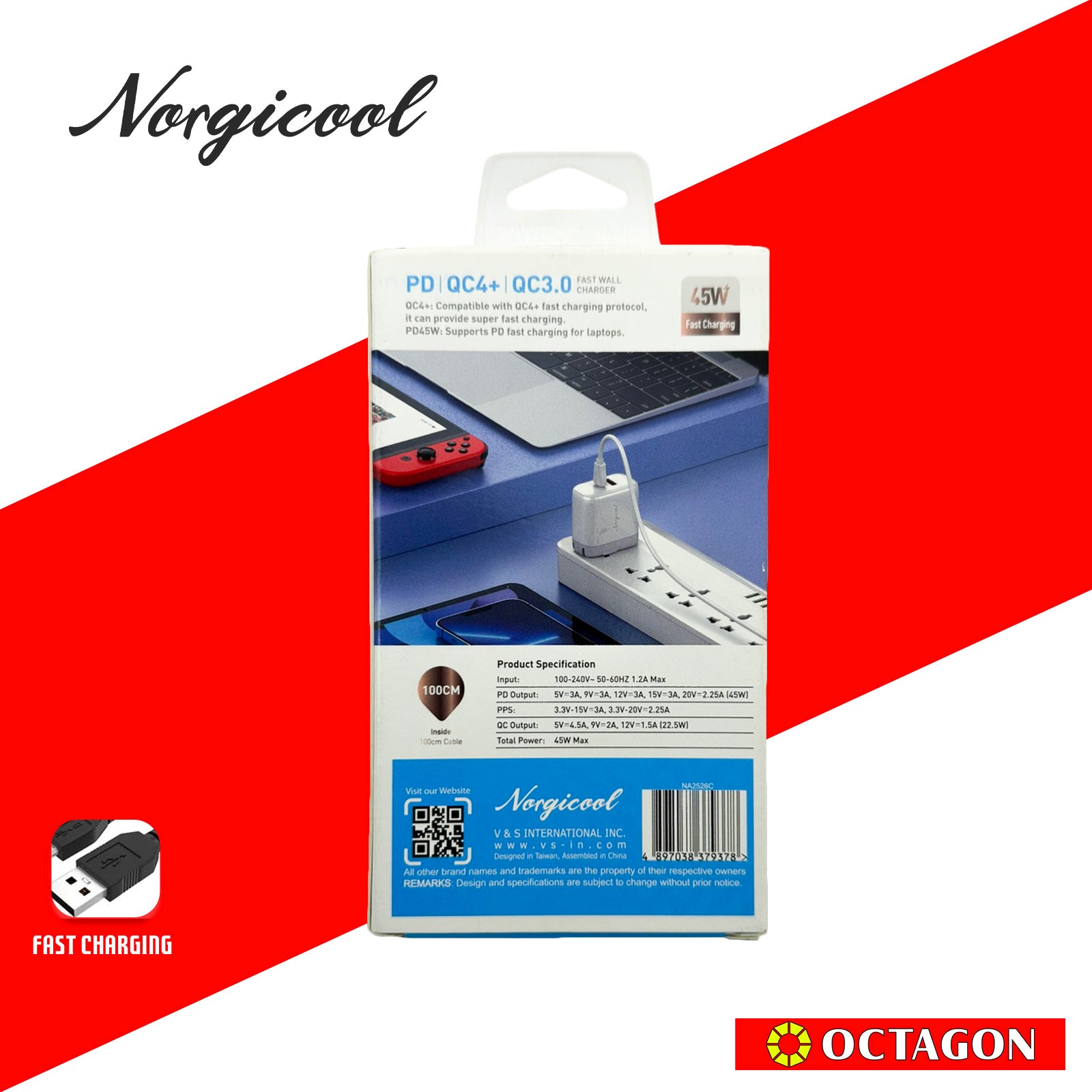 NORGICOOL NA2526C 45W 2-PORT PD WALL CHARGER USB-A & C WITH C/C CABLE 1M