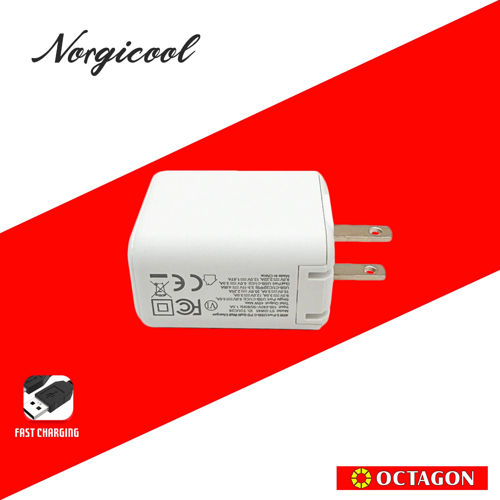 NORGICOOL NA2526C 45W 2-PORT PD WALL CHARGER USB-A & C WITH C/C CABLE 1M