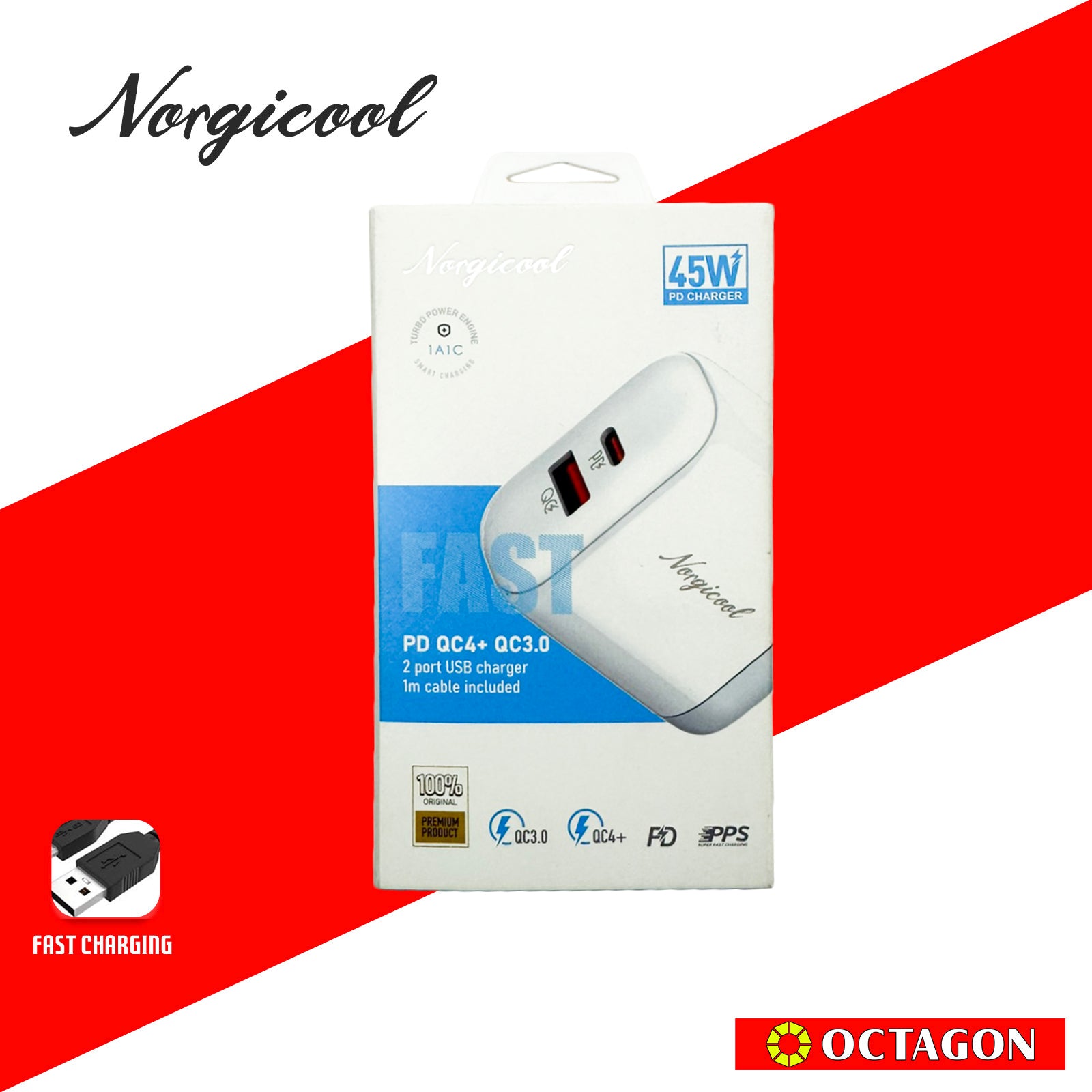 NORGICOOL NA2526C 45W 2-PORT PD WALL CHARGER USB-A & C WITH C/C CABLE 1M