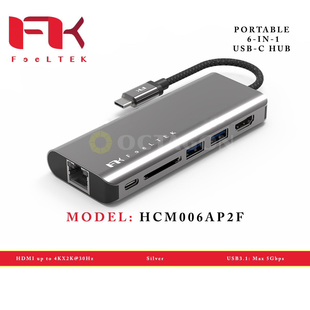 FEELTEK PORTABLE 6-IN-1 USB-C HUB SILVER