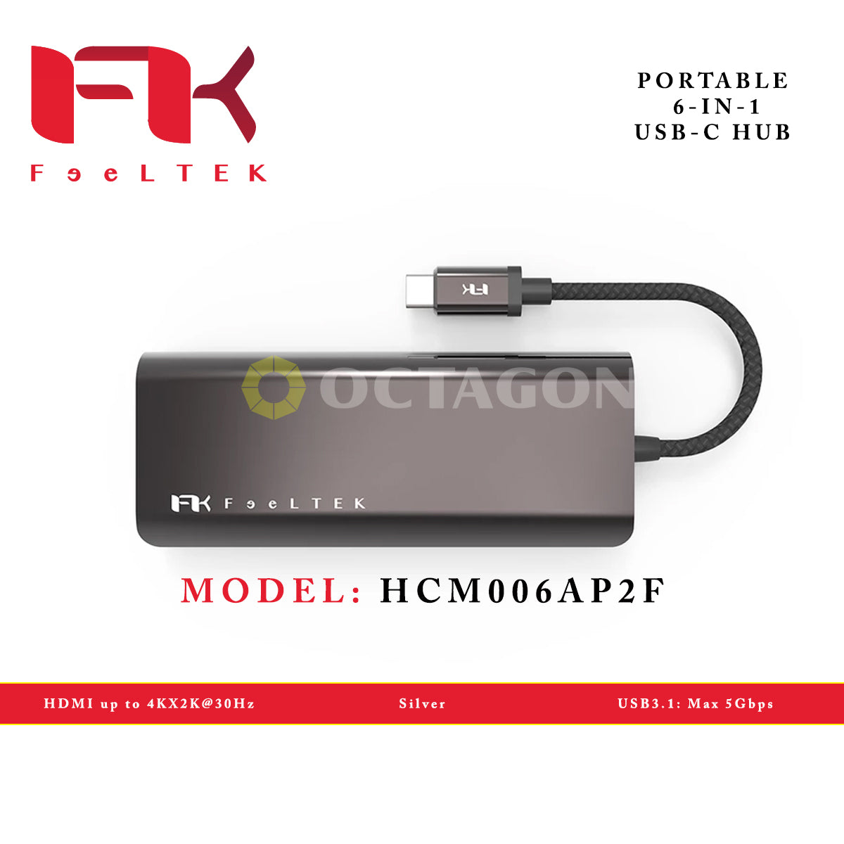 FEELTEK PORTABLE 6-IN-1 USB-C HUB SILVER
